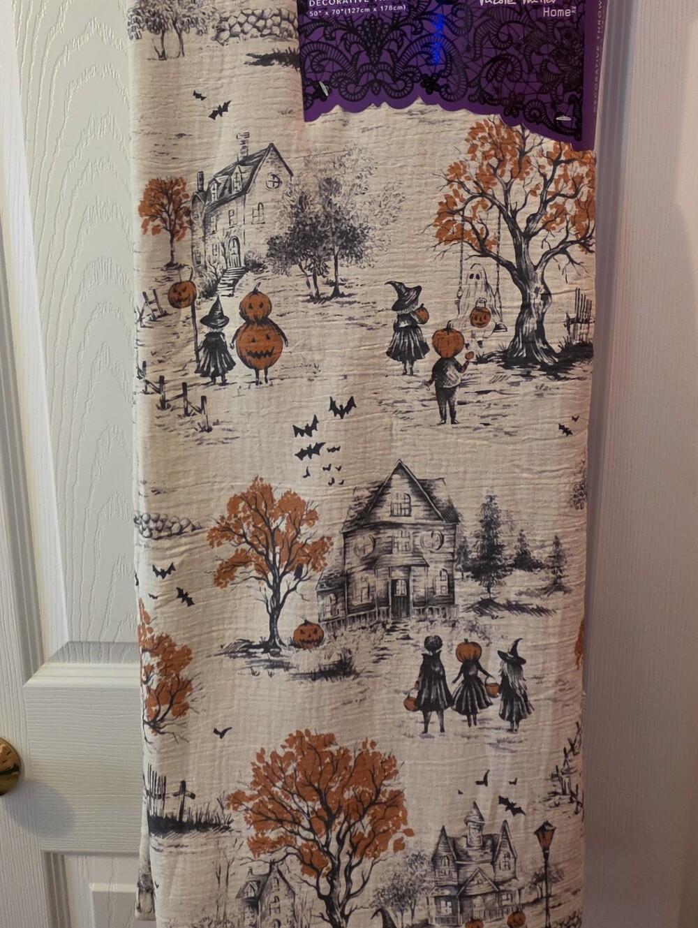 Nicole Miller Throw Blanket Spooky Haunted House & Children Trick Or Treating